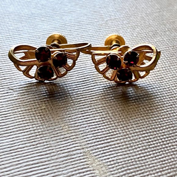 Red Ruby Gold Half Fan Screw Back Clip-On Vintage Earrings - Picture 5 of 6